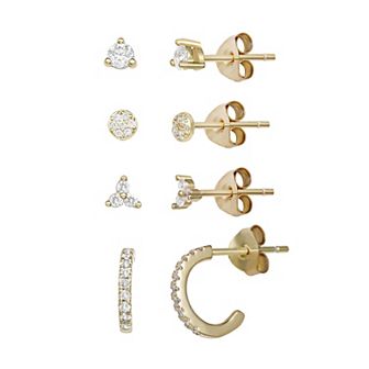 PRIMROSE Sterling Silver 4-Pair Cubic Zirconia Stud & Hoop Earring Set