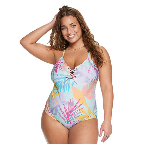 Juniors' Plus Size SO® Tropical Lace-Up One-Piece Swimsuit