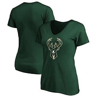 Women's Fanatics Branded Hunter Green Milwaukee Bucks Primary Logo Team V-Neck T-Shirt