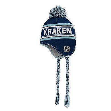 Youth Deep Sea Blue Seattle Kraken Jacquard Tassel Knit Hat with Pom