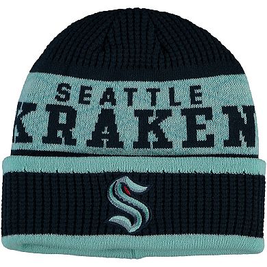 Youth Deep Sea Blue Seattle Kraken Puck Pattern Cuffed Knit Hat
