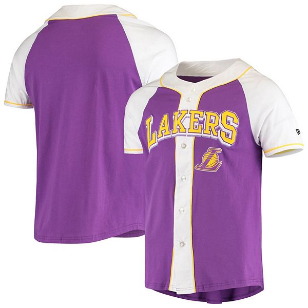 Men's New Era Purple Los Angeles Lakers Raglan Jersey Button-Up T-Shirt Men's New Era Purple Los Angeles Lakers Raglan Jersey Button-Up T-Shirt