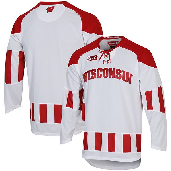 Wisconsin Badgers Rolling W NCAA Reebok Premier White Jersey - Hockey Jersey  Outlet