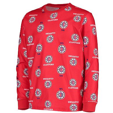 Youth Red LA Clippers Allover Print Long Sleeve T-Shirt and Pants Sleep Set