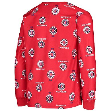 Youth Red LA Clippers Allover Print Long Sleeve T-Shirt and Pants Sleep Set