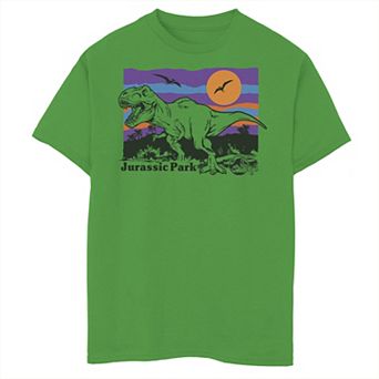 Boys 8-20 Jurassic Park Colorful Sunset T-Rex Jungle Logo Graphic Tee