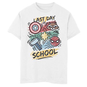 Boys 8-20 Marvel Group Shot Logos Last Day Of School Text Graphic Tee