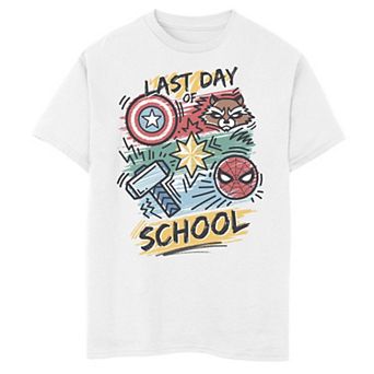 Boys 8-20 Marvel Group Shot Logos Last Day Of School Text Graphic Tee