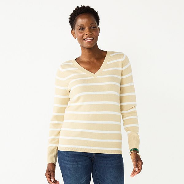 Womens Croft & Barrow® The Extra Soft V-Neck Sweater - Beige Stripe (X SMALL)