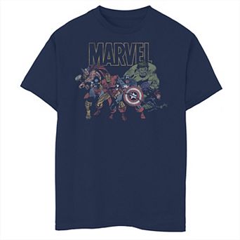 Boys 8-20 Marvel Avengers Group Action Pose Distressed Logo Outline Graphic Tee
