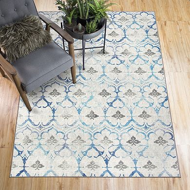 My Magic Carpet Leilani Damask Waterproof Machine Washable Rug