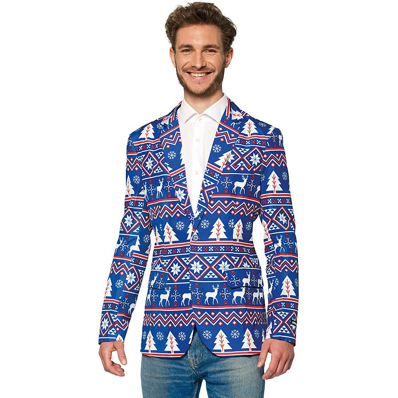 Mens Suitmeister Slim-Fit Nordic Christmas Blue Blazer, Size: Small
