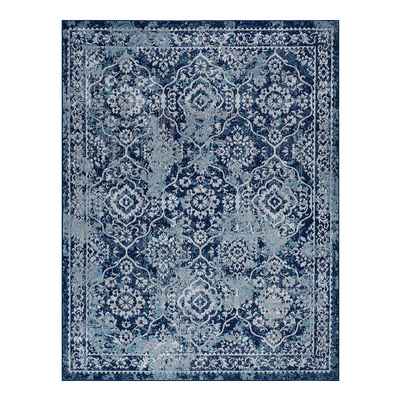 KHL Rugs Tiera Transitional Damask Area Rug, Blue, 8Ft Rnd