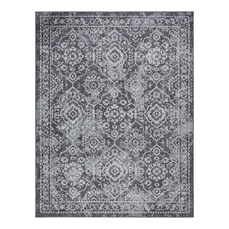 KHL Rugs Tiera Transitional Damask Area Rug, Grey, 8Ft Rnd