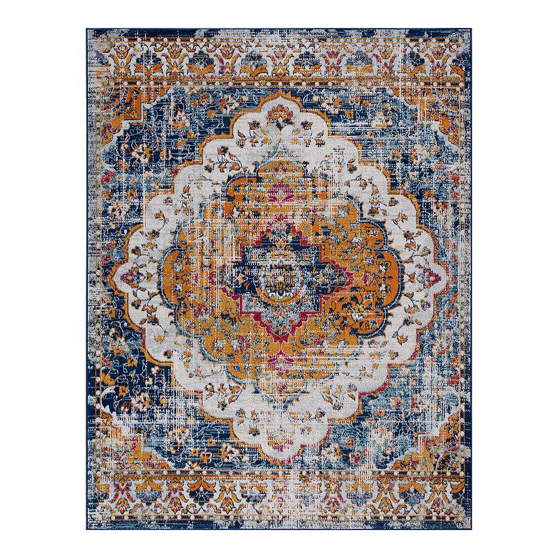 KHL Rugs Britney Traditional Medallion Area Rug, Blue, 8Ft Rnd