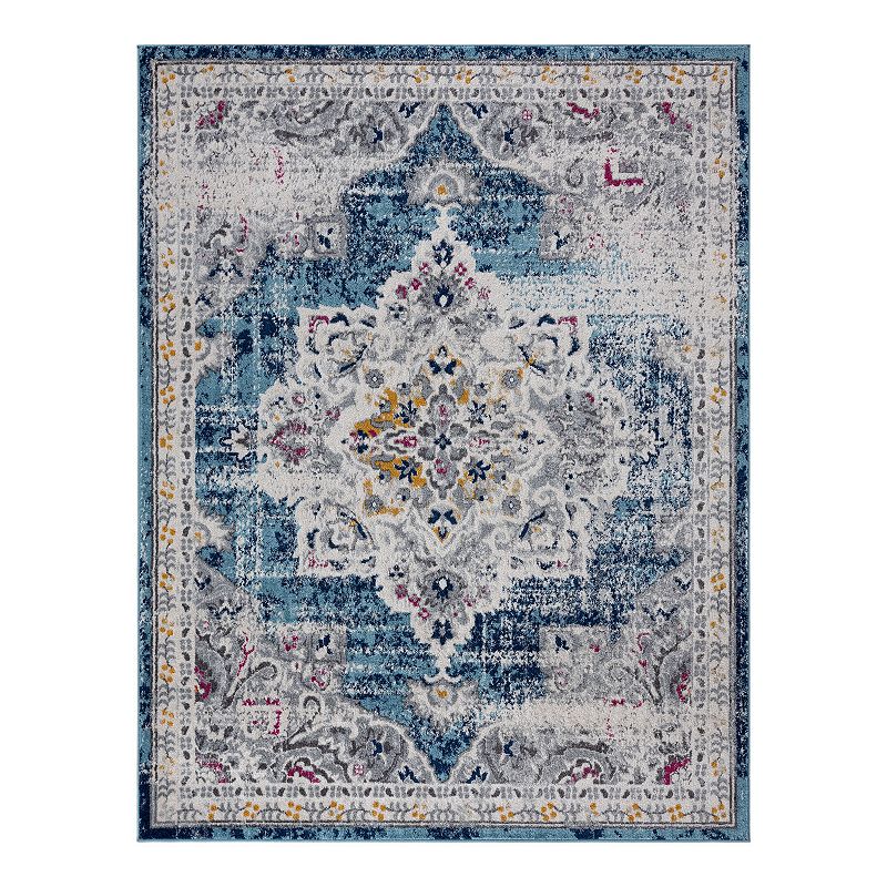 KHL Rugs Kaitlyn Traditional Medallion Area Rug, Blue, 8Ft Rnd