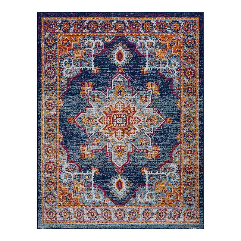 KHL Rugs Mila Traditional Medallion Area Rug, Blue, 8Ft Rnd