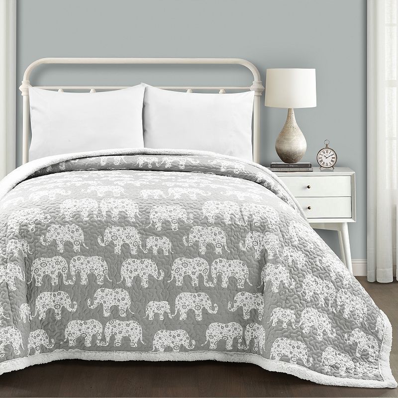 Lush Decor Elephant Parade Sherpa Blanket/Coverlet, Grey, Full/Queen