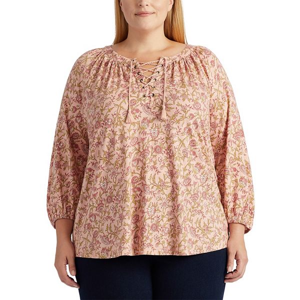 Plus Size Chaps Floral LaceUp Top