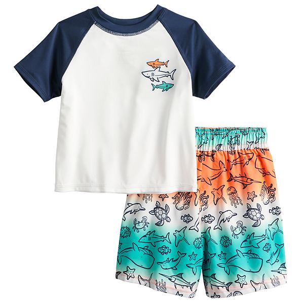 Toddler Boy Jumping Beans® Sea Life Sharks Raglan Rash Guard Top & Swim ...