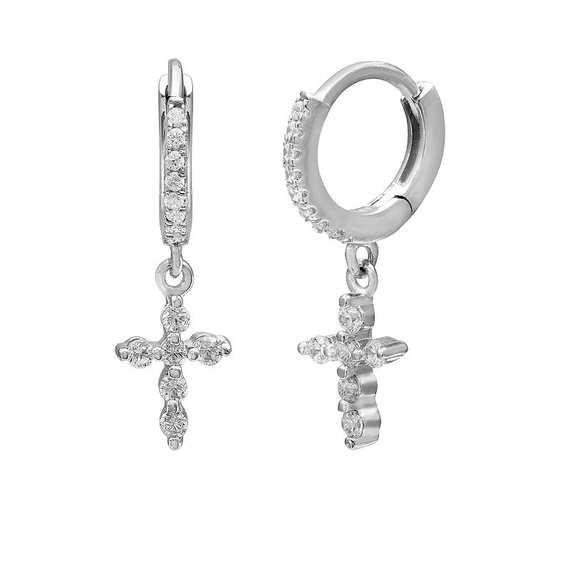 PRIMROSE Sterling Silver Cross Huggie Hoop Drop Earrings, Womens, White