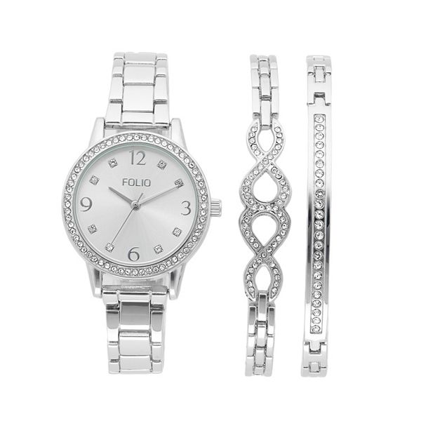 Folio Women's Crystal Glitz 3-Piece Watch & Bracelet Set - Silver Tone ...