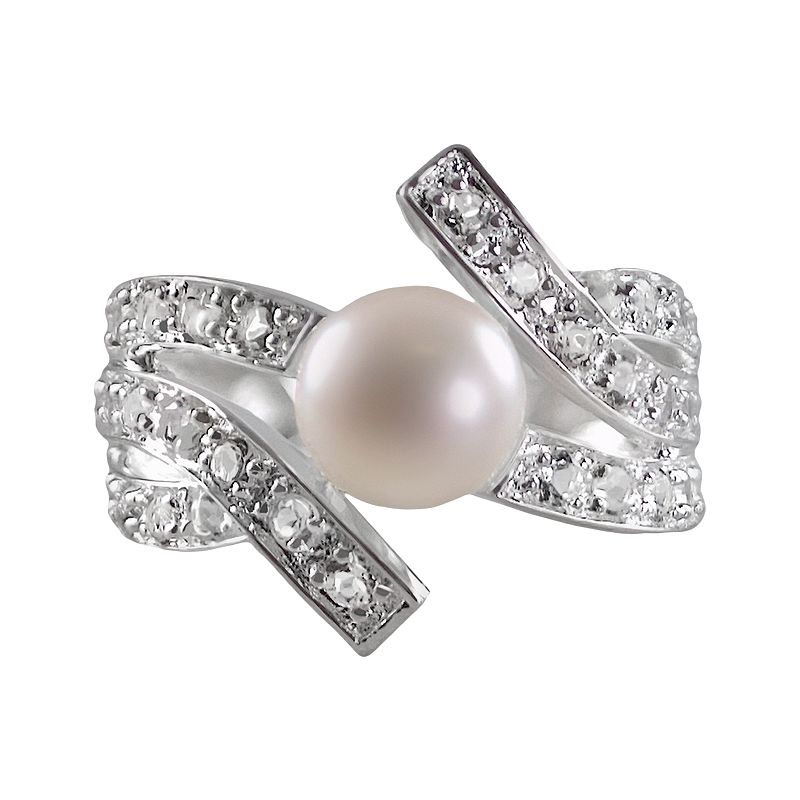 Sterling Silver White Topaz and Freshwater Cultured Pearl Bypass Ring, Wome