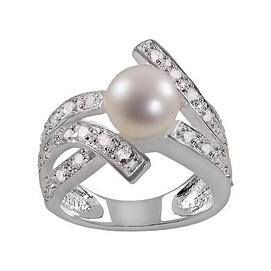 Sterling Silver White Topaz and Freshwater Cultured Pearl Bypass Ring