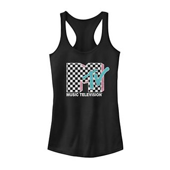 Juniors' MTV Neon Distressed Checkered Logo Tank Top