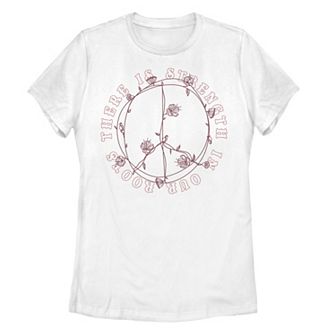 Juniors' Strength In Roots Peace Sign Floral Tee