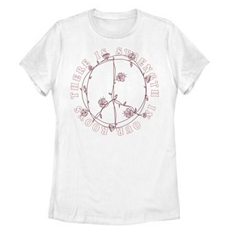 Juniors' Strength In Roots Peace Sign Floral Tee