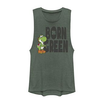 Juniors' Nintendo Super Mario St. Patty's Yoshi Born Green Muscle Tank Top