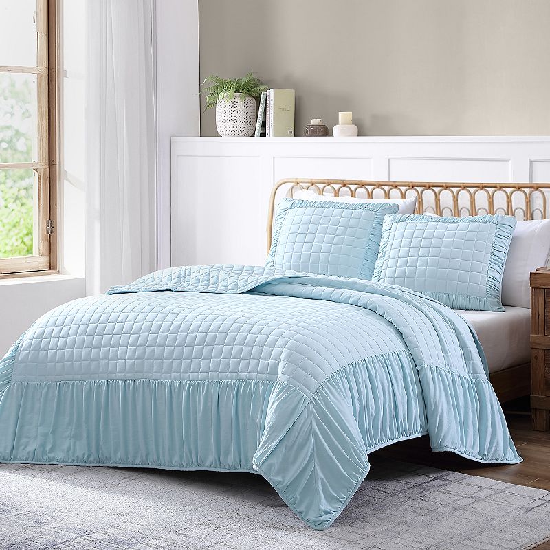 Cedra Ruched Quilt Set with Shams, Blue, Queen