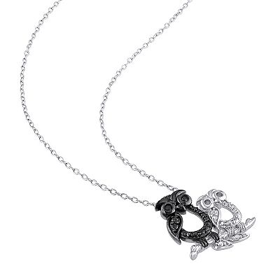 Stella Grace Sterling Silver Black Diamond Accent Owl Pendant Necklace