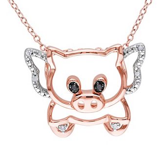 Stella Grace 2-Tone Sterling Silver Black & White Diamond Accent Pig Pendant Necklace