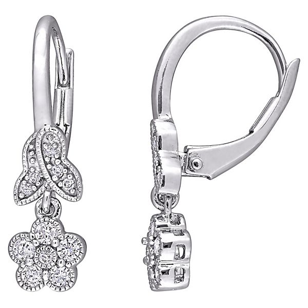 Classic elegance English lock drop earrings are set with simulated diamonds  and round rose-cut center stone in sterling silver bonded with platinum -  Diamond & Design