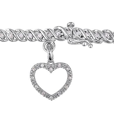 Stella Grace Sterling Silver 1 Carat T.W. Diamond Tennis Bracelet with Heart Charm