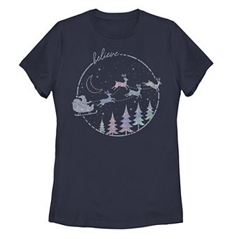 Juniors' Trendy Christmas Believe Santa & Reindeer Silhouettes Tee