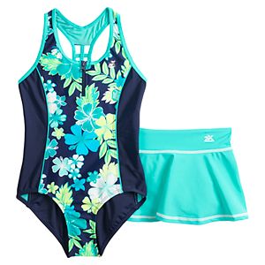 Girls 7 Zeroxposur Tidal Torrent One Piece Cover Up Skirt Swimsuit Set