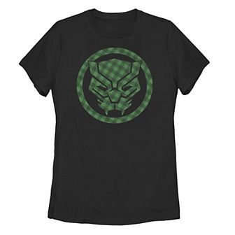 Juniors' Marvel St. Patrick's Day Black Panther Plaid Logo Tee