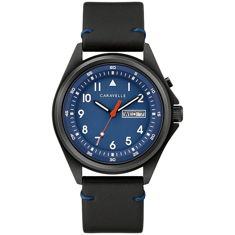 Caravelle by Bulova Men's Black Leather Strap Watch - 45C118, Size: Large