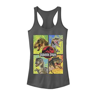 Juniors Jurassic Park Four Different Dinosaur Faces Tank Top