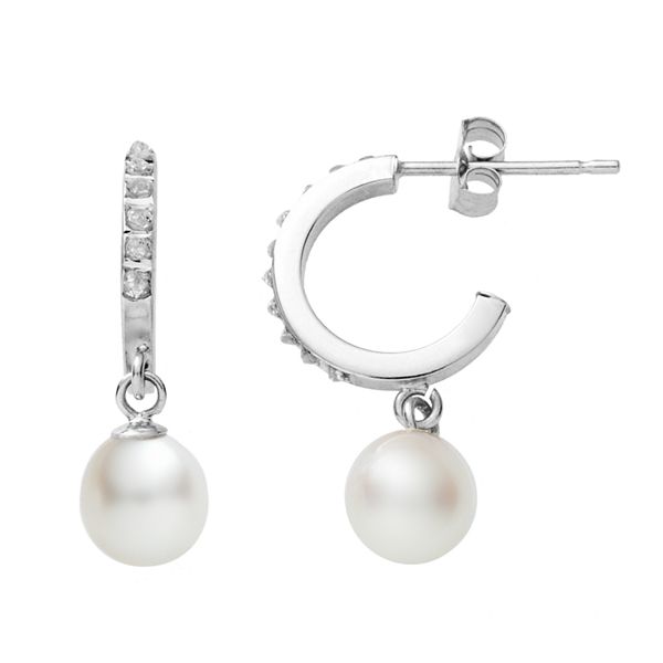 Diamond Fascination® 14k White Gold Freshwater Cultured Pearl Hoop Earrings