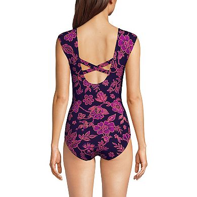 Women's Lands' End Tummy Control UPF 50 Cap Sleeve One-Piece Swimsuit