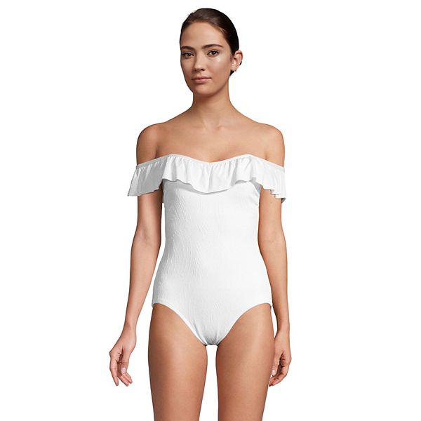Women S Lands End Textured Tummy Control Ruffle Off The Shoulder One Piece Swimsuit