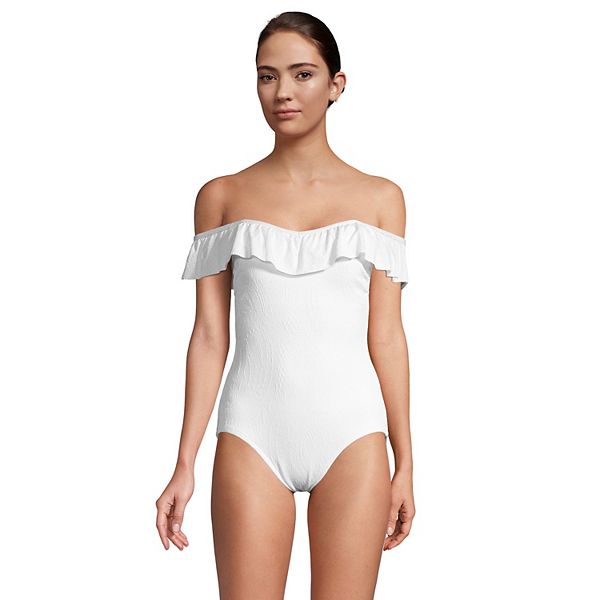 Women's Lands' End Textured Tummy Control Ruffle Off-the-Shoulder One-Piece  Swimsuit