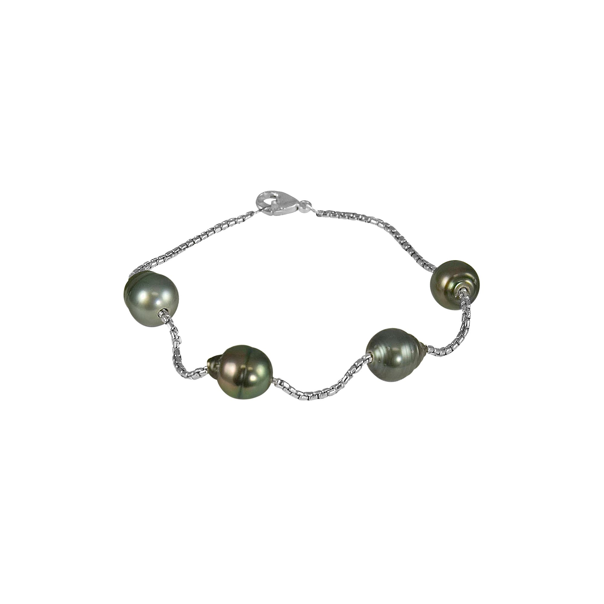 Sterling Silver Tahitian Black Cultured Pearl Station Bracelet, Womens