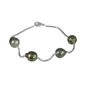 PearLustre by Imperial Sterling Silver Tahitian Black Cultured Pearl Station Bracelet