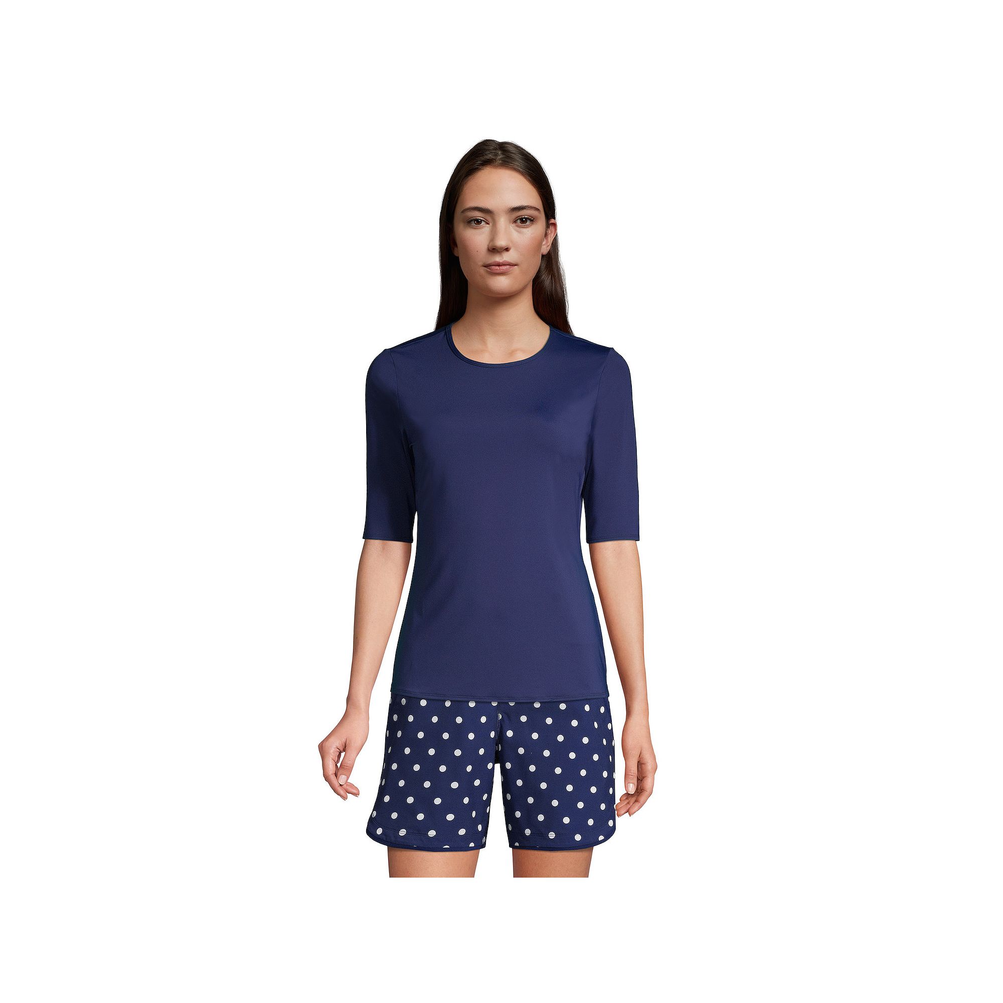 Womens Lands End UPF 50 Elbow-Sleeve Rash Guard Swim Tee, Size: XS, Deep 