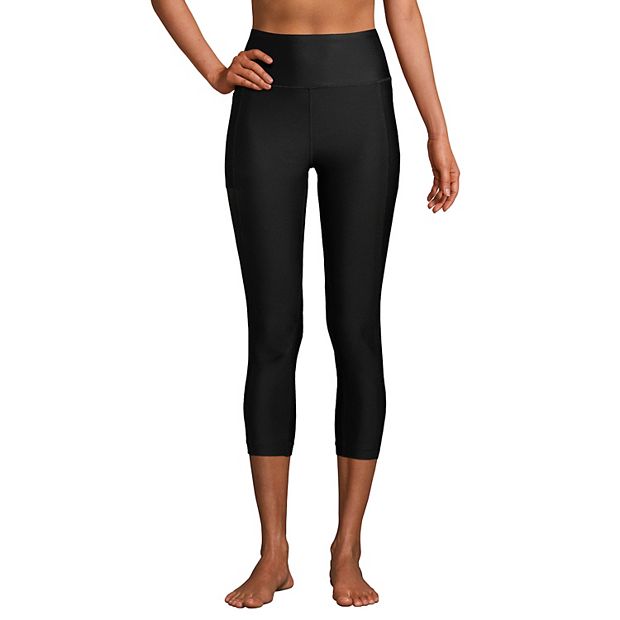 High Waisted Plain Capri Swim Pants, Black Medium Stretch Sports Leggings,  Women's Swimwear & Clothing